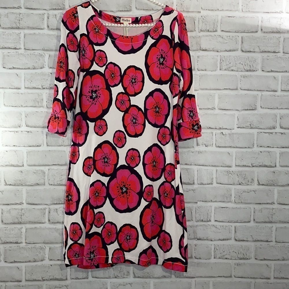 Hatley Floral Hibiscus Dress Pink and White Size Small Quarter Length Sleeve